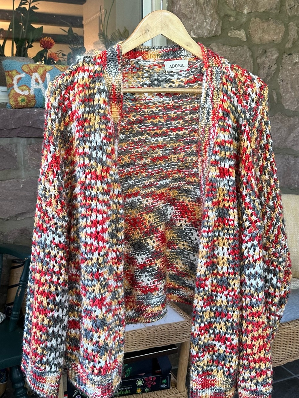 ADORA Multicolor Open-Front Knit Cardigan - Red, Yellow, Gray, Cream